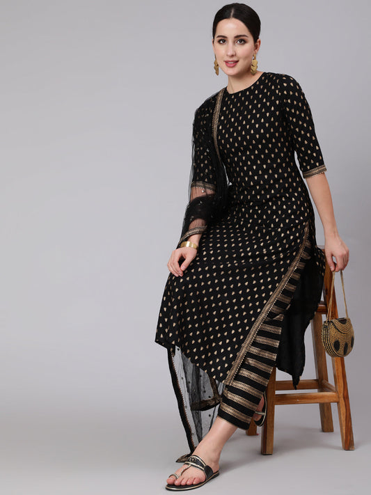 Black Gold Printed Straight Kurta Set With Net Dupatta for Women | LASVINI - Redefining Indian Fashion with Elegance