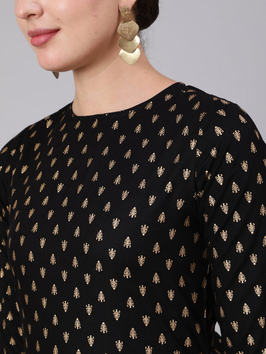 Black Gold Printed Straight Kurta Set With Net Dupatta for Women | LASVINI - Redefining Indian Fashion with Elegance