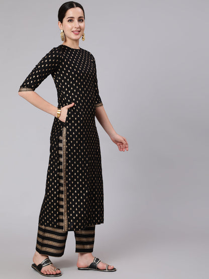 Black Gold Printed Straight Kurta Set With Net Dupatta for Women | LASVINI - Redefining Indian Fashion with Elegance