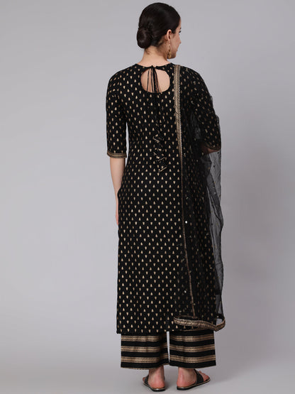Black Gold Printed Straight Kurta Set With Net Dupatta for Women | LASVINI - Redefining Indian Fashion with Elegance