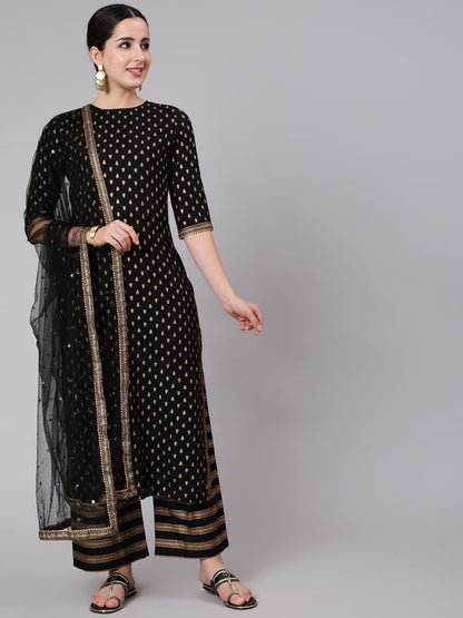 Black Gold Printed Straight Kurta Set With Net Dupatta for Women | LASVINI - Redefining Indian Fashion with Elegance