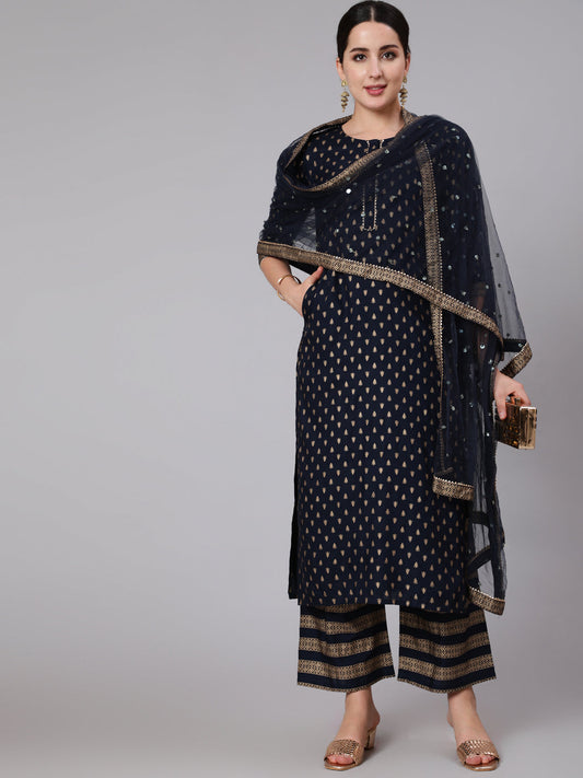 Navy Blue Gold Printed Straight Kurta Set With Net Dupatta for Women | LASVINI - Redefining Indian Fashion with Elegance