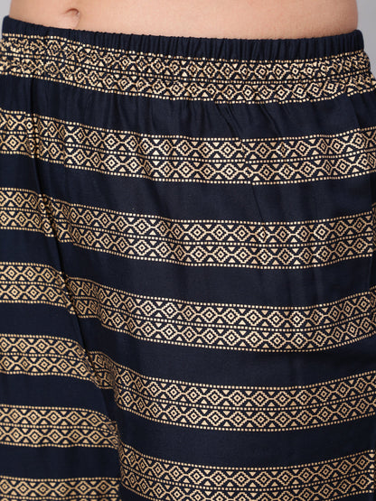 Navy Blue Gold Printed Straight Kurta Set With Net Dupatta for Women | LASVINI - Redefining Indian Fashion with Elegance