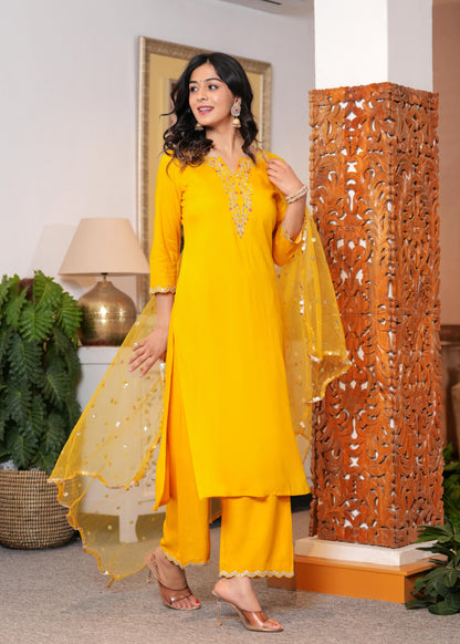Yellow Embroidered Straight Kurta With Palazzo And Dupatta For Women | LASVINI - Redefining Indian Fashion with Elegance