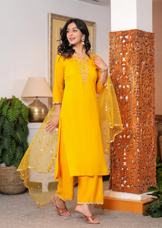 Yellow Embroidered Straight Kurta With Palazzo And Dupatta For Women | LASVINI - Redefining Indian Fashion with Elegance