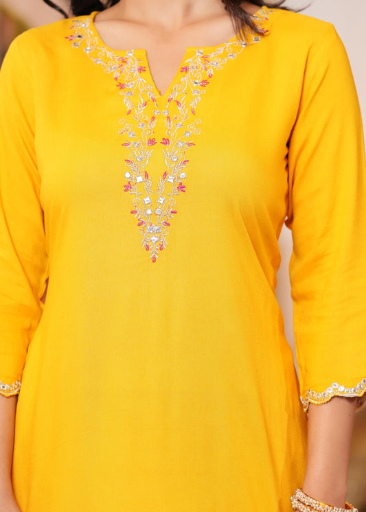 Yellow Embroidered Straight Kurta With Palazzo And Dupatta For Women | LASVINI - Redefining Indian Fashion with Elegance