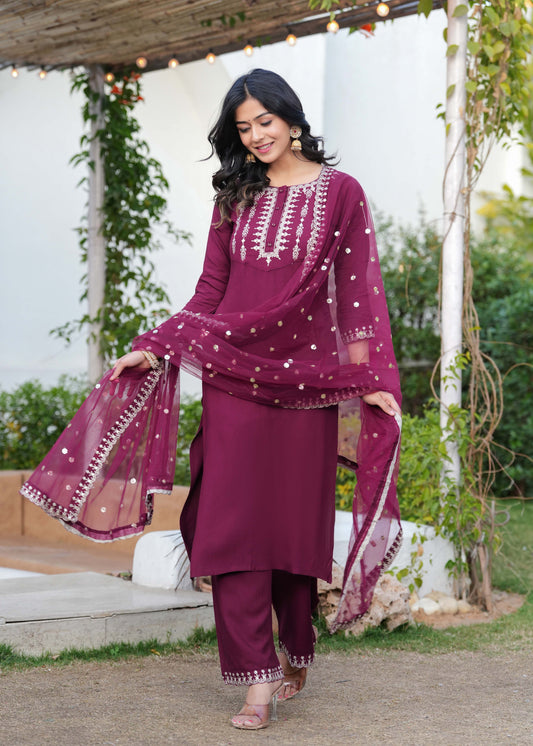Burgundy Embroidered Straight Kurta With Palazzo And Dupatta For Women | LASVINI - Redefining Indian Fashion with Elegance