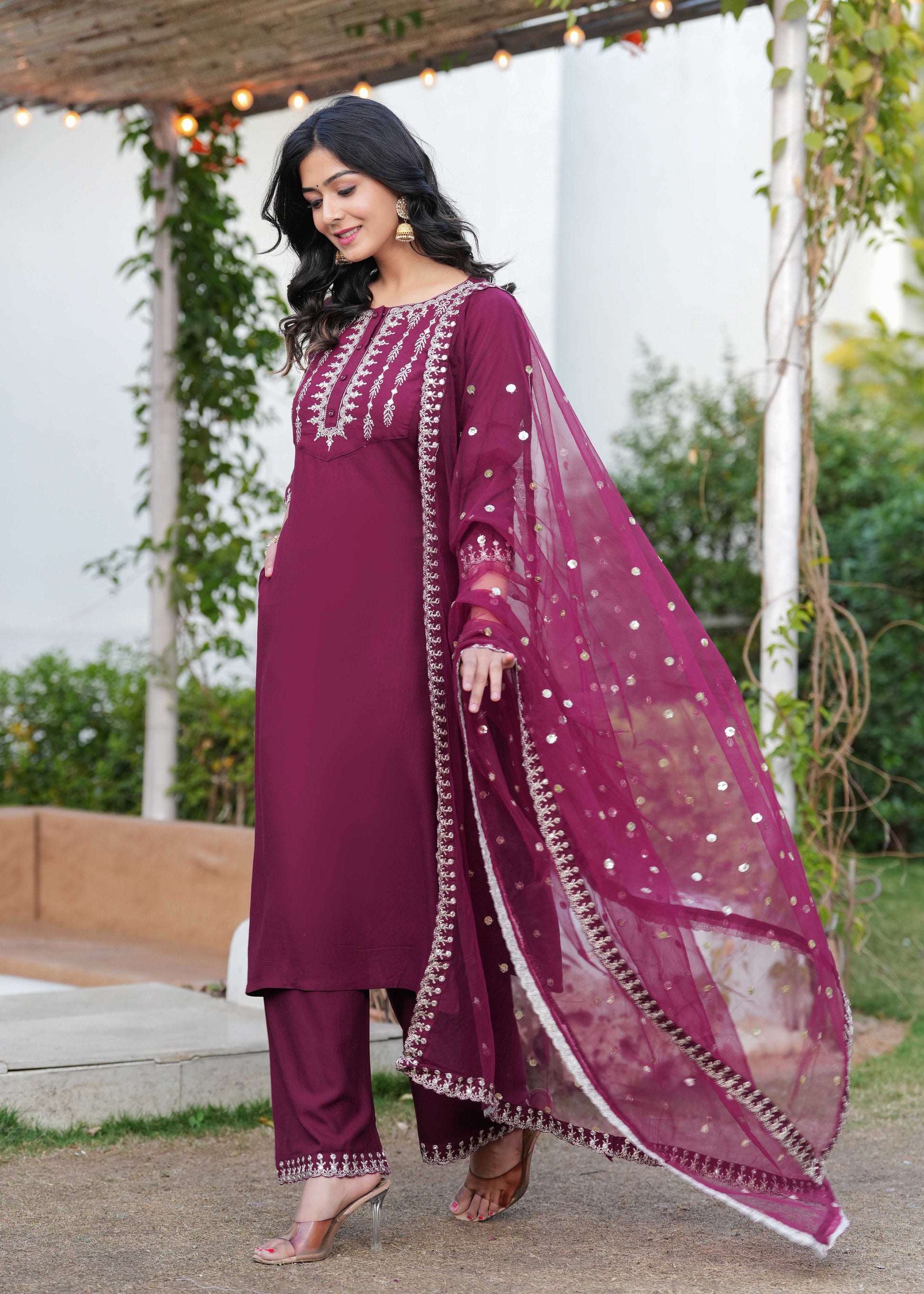 Burgundy Embroidered Straight Kurta With Palazzo And Dupatta For Women | LASVINI - Redefining Indian Fashion with Elegance