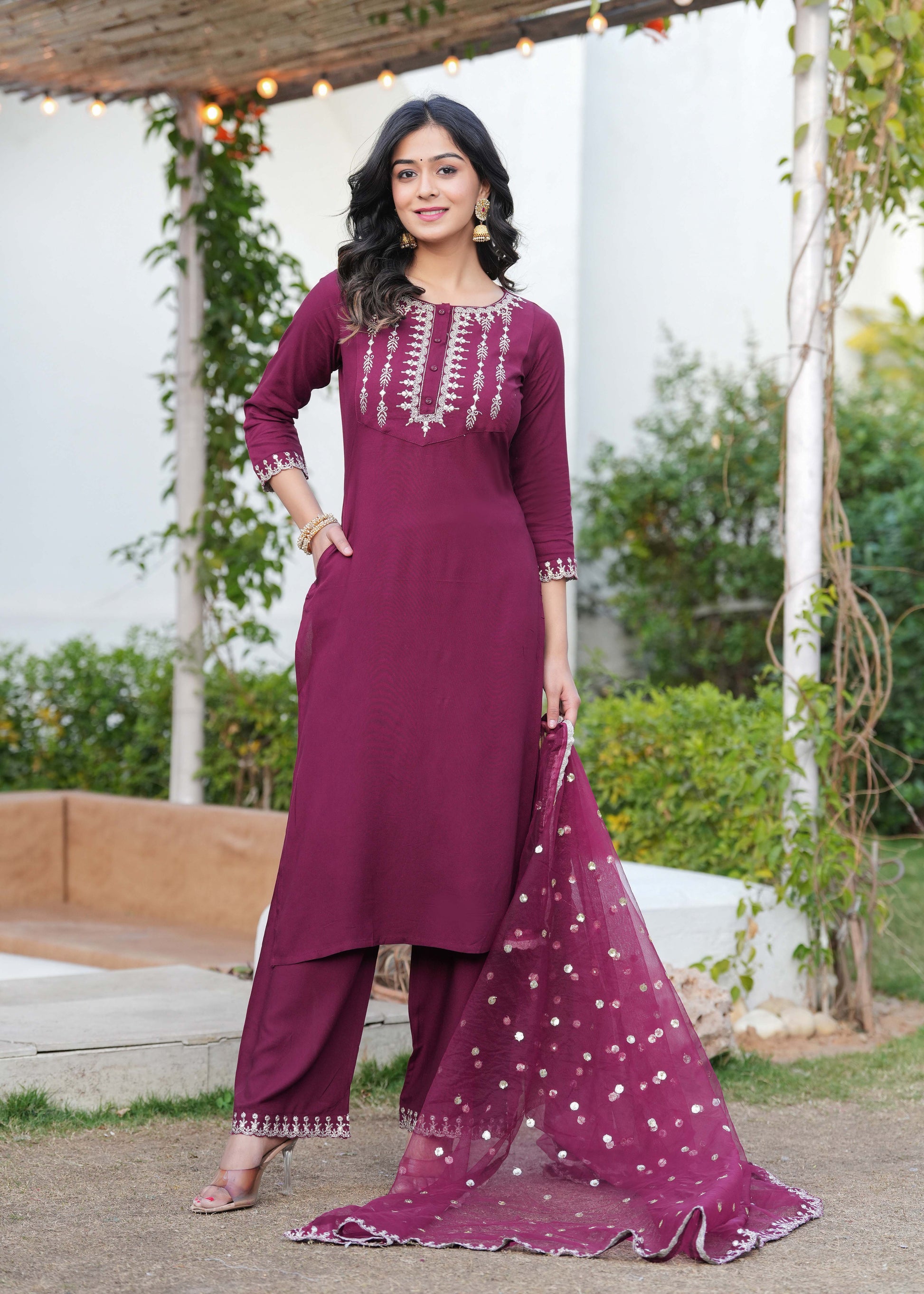 Burgundy Embroidered Straight Kurta With Palazzo And Dupatta For Women | LASVINI - Redefining Indian Fashion with Elegance