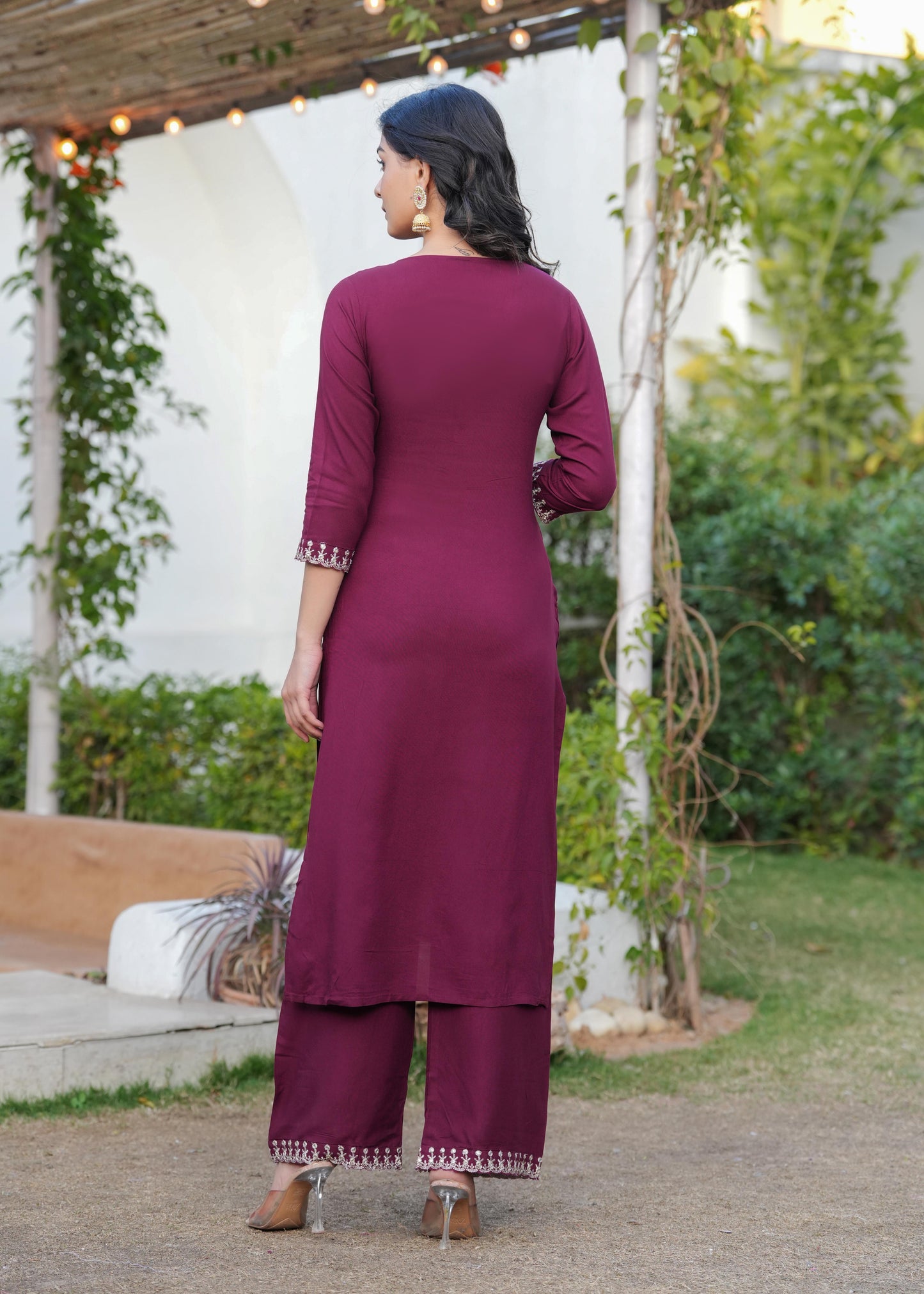 Burgundy Embroidered Straight Kurta With Palazzo And Dupatta For Women | LASVINI - Redefining Indian Fashion with Elegance