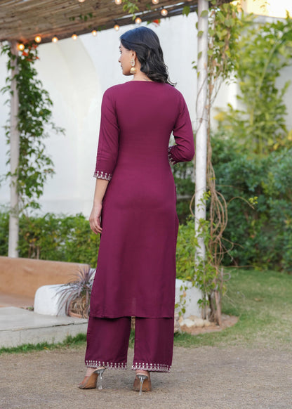 Burgundy Embroidered Straight Kurta With Palazzo And Dupatta For Women | LASVINI - Redefining Indian Fashion with Elegance