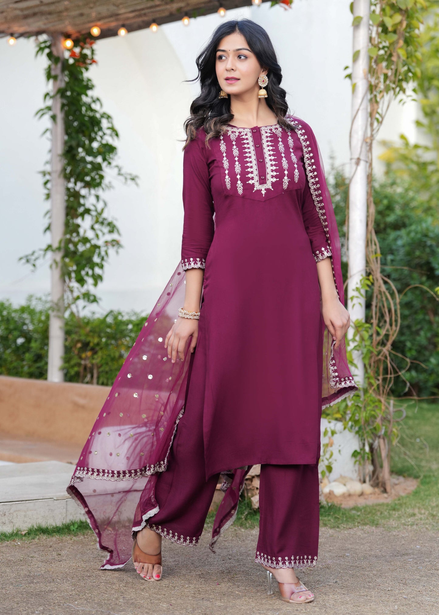 Burgundy Embroidered Straight Kurta With Palazzo And Dupatta For Women | LASVINI - Redefining Indian Fashion with Elegance