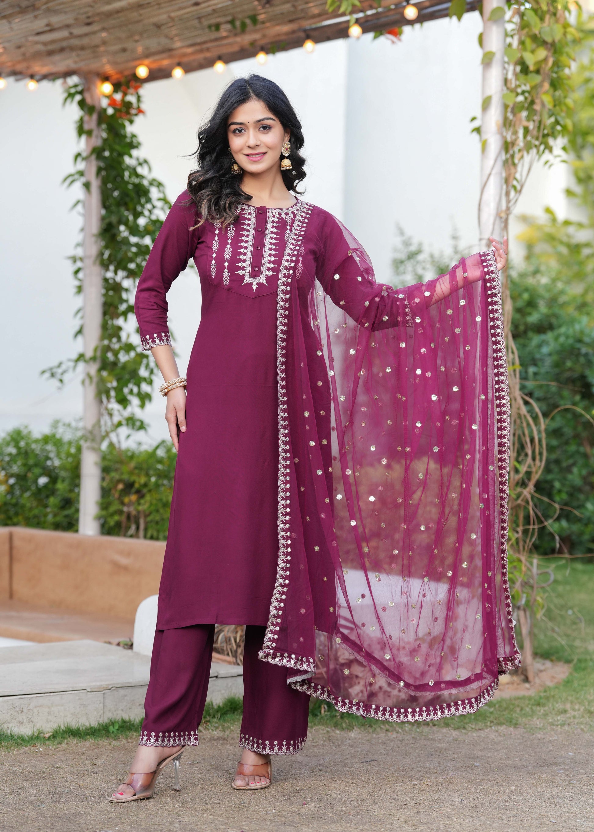 Burgundy Embroidered Straight Kurta With Palazzo And Dupatta For Women | LASVINI - Redefining Indian Fashion with Elegance