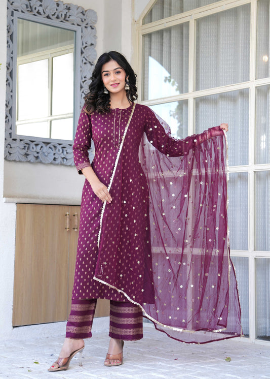 Burgundy Gold Printed Straight Kurta Set With Net Dupatta for Women | LASVINI - Redefining Indian Fashion with Elegance