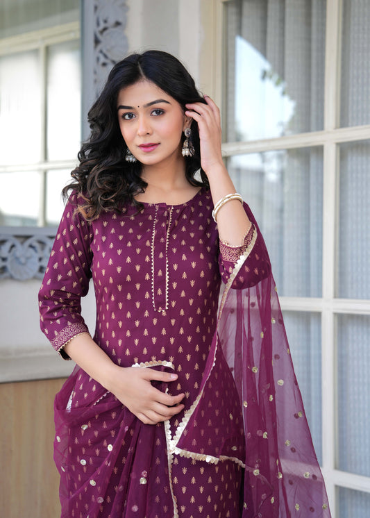 Burgundy Gold Printed Straight Kurta Set With Net Dupatta for Women | LASVINI - Redefining Indian Fashion with Elegance