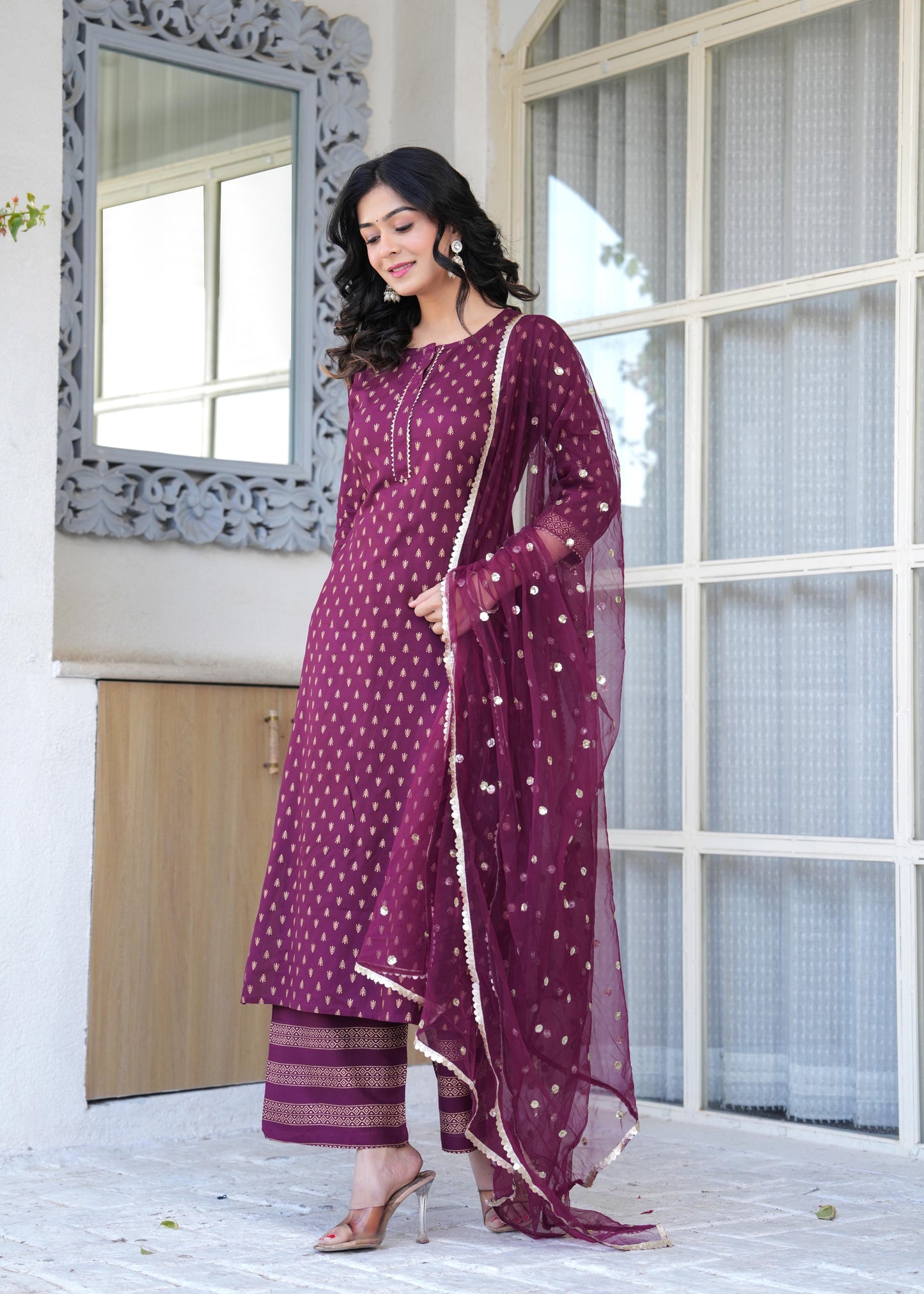 Burgundy Gold Printed Straight Kurta Set With Net Dupatta for Women | LASVINI - Redefining Indian Fashion with Elegance