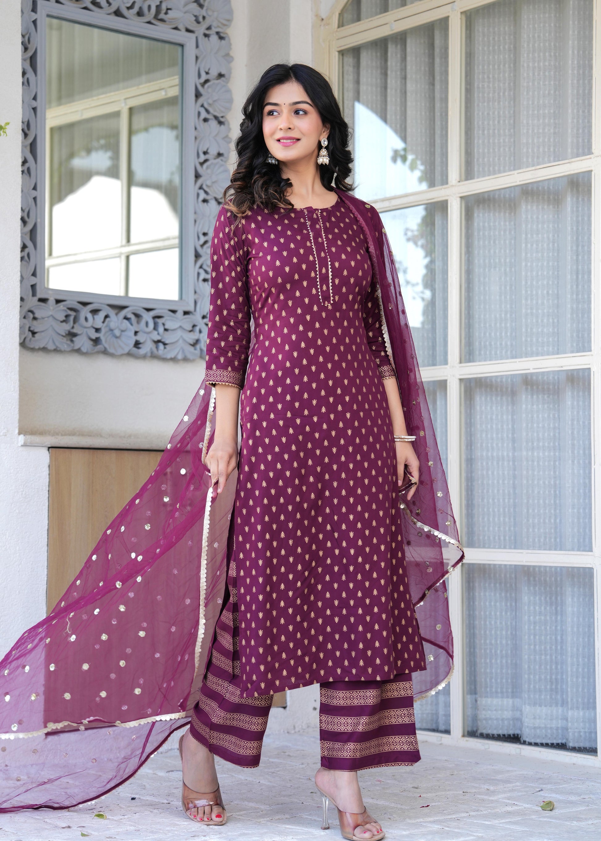 Burgundy Gold Printed Straight Kurta Set With Net Dupatta for Women | LASVINI - Redefining Indian Fashion with Elegance