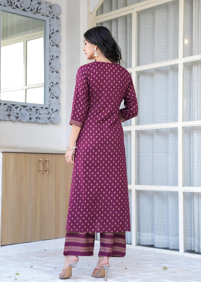 Burgundy Gold Printed Straight Kurta Set With Net Dupatta for Women | LASVINI - Redefining Indian Fashion with Elegance