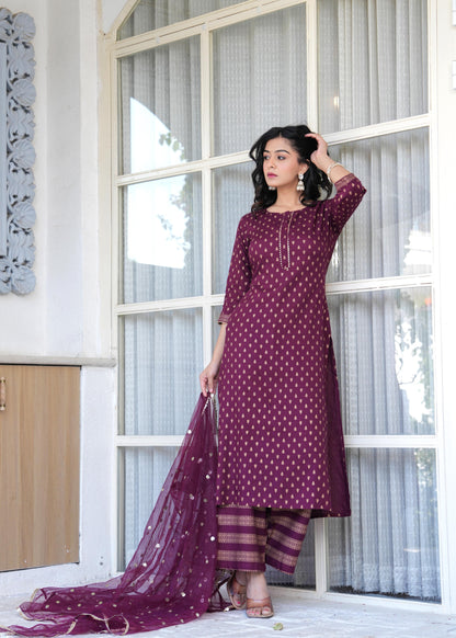 Burgundy Gold Printed Straight Kurta Set With Net Dupatta for Women | LASVINI - Redefining Indian Fashion with Elegance