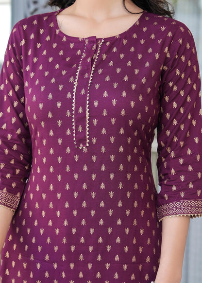 Burgundy Gold Printed Straight Kurta Set With Net Dupatta for Women | LASVINI - Redefining Indian Fashion with Elegance