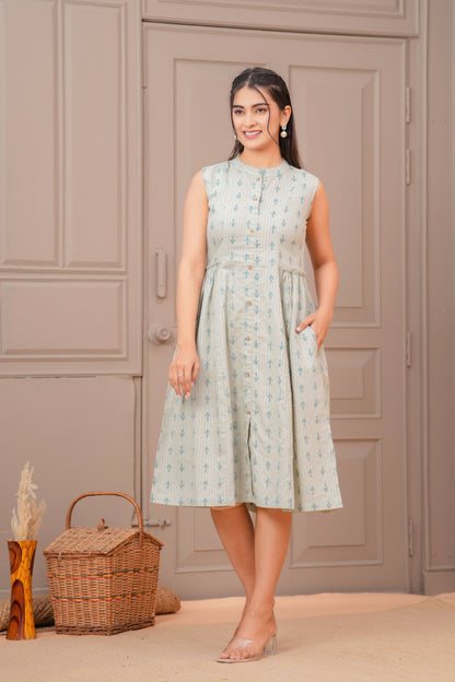 Sage Green Ethnic Printed Flared Dress for Women | LASVINI - Redefining Indian Fashion with Elegance