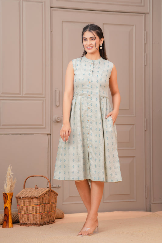 Sage Green Ethnic Printed Flared Dress for Women | LASVINI - Redefining Indian Fashion with Elegance