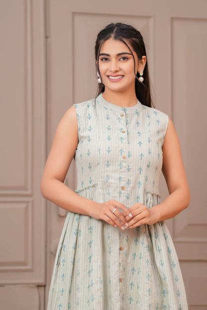 Sage Green Ethnic Printed Flared Dress for Women | LASVINI - Redefining Indian Fashion with Elegance
