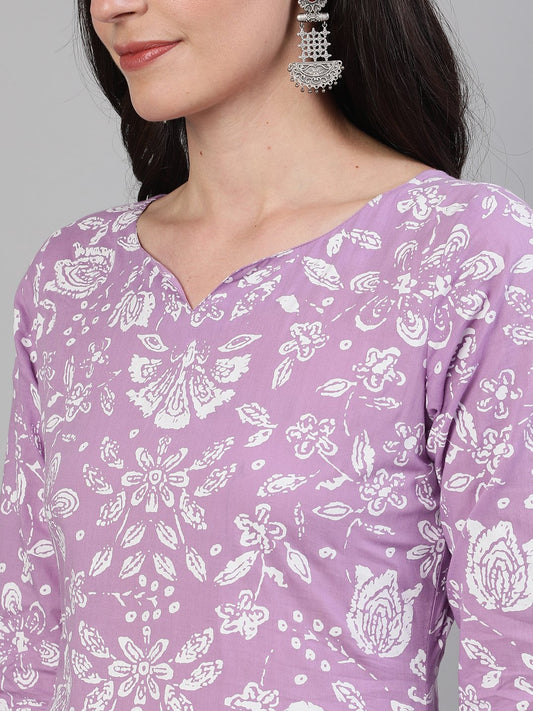 Women Lavender Calf Length Three-Quarter Sleeves Straight Floral Printed Cotton Kurta With Face Mask | LASVINI - Redefining Indian Fashion with Elegance