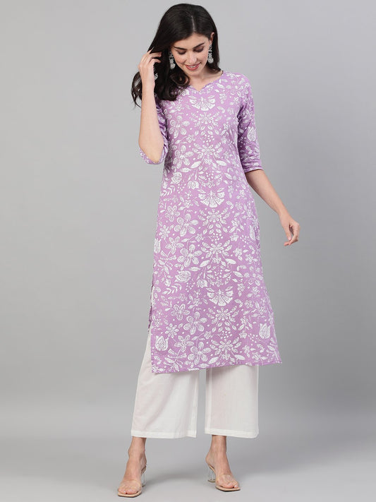 Women Lavender Calf Length Three-Quarter Sleeves Straight Floral Printed Cotton Kurta With Face Mask | LASVINI - Redefining Indian Fashion with Elegance