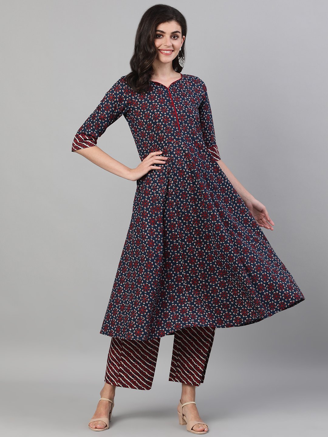 Women Navy Blue Three-Quarter Sleeves Anarkali Kurta With Palazzo And Pockets | LASVINI - Redefining Indian Fashion with Elegance