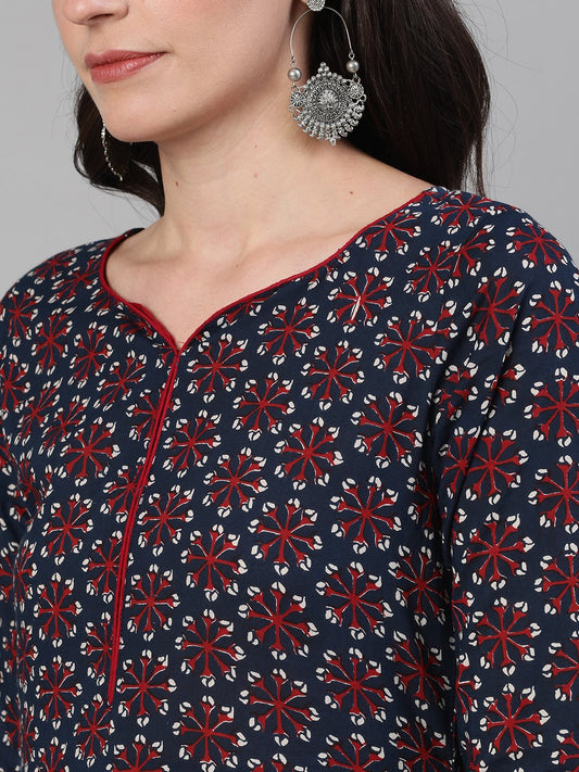 Women Navy Blue Three-Quarter Sleeves Anarkali Kurta With Palazzo And Pockets | LASVINI - Redefining Indian Fashion with Elegance