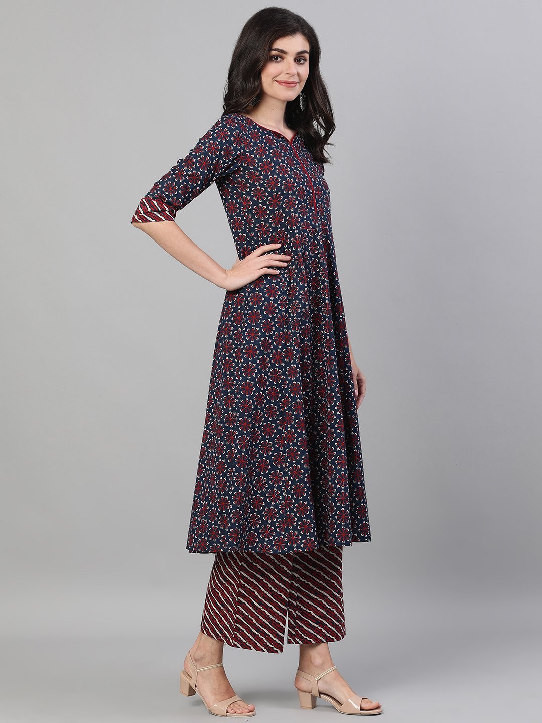 Women Navy Blue Three-Quarter Sleeves Anarkali Kurta With Palazzo And Pockets | LASVINI - Redefining Indian Fashion with Elegance