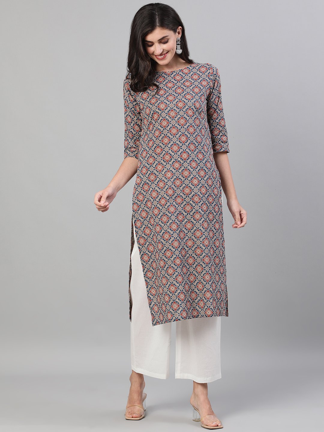 Women Blue Calf Length Three-Quarter Sleeves Straight Ethnic Motif Printed Cotton Kurta With Pockets | LASVINI - Redefining Indian Fashion with Elegance
