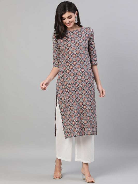 Women Blue Calf Length Three-Quarter Sleeves Straight Ethnic Motif Printed Cotton Kurta With Pockets | LASVINI - Redefining Indian Fashion with Elegance