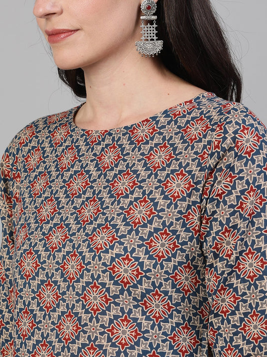 Women Blue Calf Length Three-Quarter Sleeves Straight Ethnic Motif Printed Cotton Kurta With Pockets | LASVINI - Redefining Indian Fashion with Elegance