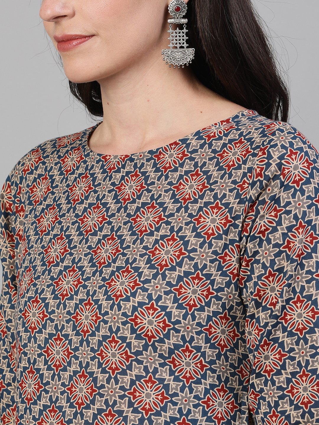 Women Blue Calf Length Three-Quarter Sleeves Straight Ethnic Motif Printed Cotton Kurta With Pockets | LASVINI - Redefining Indian Fashion with Elegance