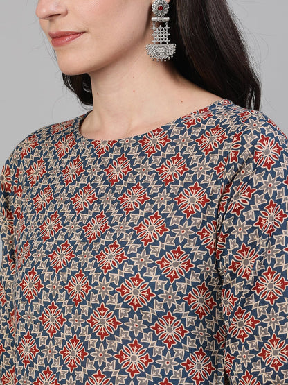 Women Blue Calf Length Three-Quarter Sleeves Straight Ethnic Motif Printed Cotton Kurta With Pockets | LASVINI - Redefining Indian Fashion with Elegance