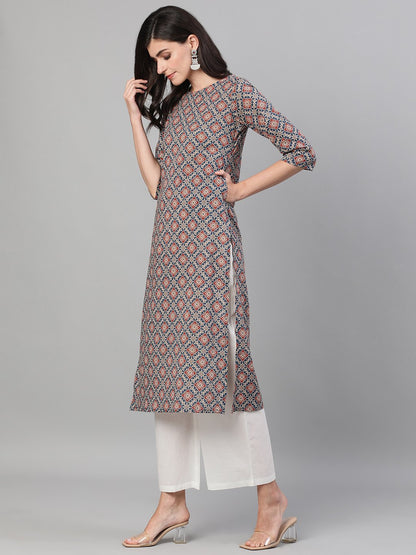 Women Blue Calf Length Three-Quarter Sleeves Straight Ethnic Motif Printed Cotton Kurta With Pockets | LASVINI - Redefining Indian Fashion with Elegance