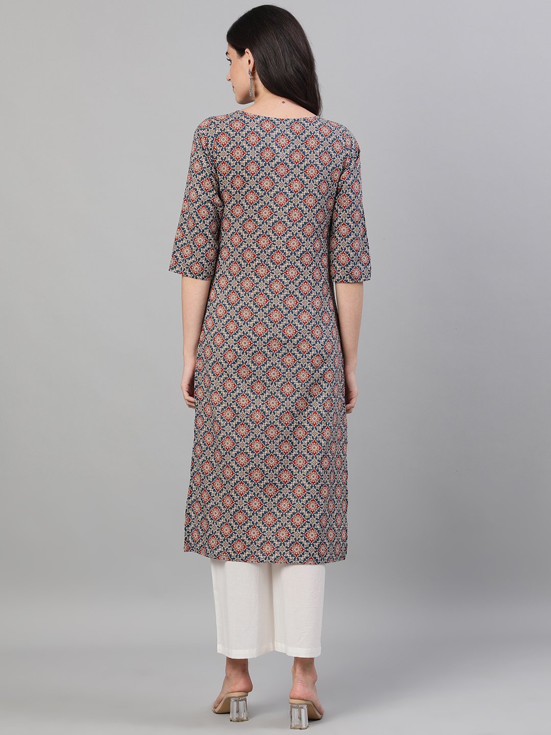 Women Blue Calf Length Three-Quarter Sleeves Straight Ethnic Motif Printed Cotton Kurta With Pockets | LASVINI - Redefining Indian Fashion with Elegance