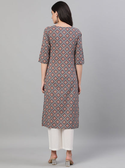 Women Blue Calf Length Three-Quarter Sleeves Straight Ethnic Motif Printed Cotton Kurta With Pockets | LASVINI - Redefining Indian Fashion with Elegance