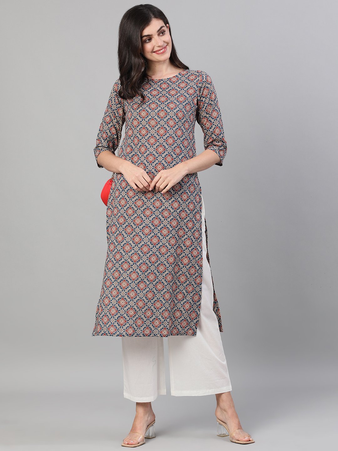Women Blue Calf Length Three-Quarter Sleeves Straight Ethnic Motif Printed Cotton Kurta With Pockets | LASVINI - Redefining Indian Fashion with Elegance