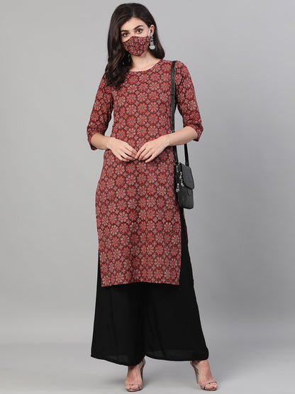 Women Maroon Calf Length Three-Quarter Sleeves Straight Ethnic Motif Printed Cotton Kurta With Pockets And Face Mask | LASVINI - Redefining Indian Fashion with Elegance