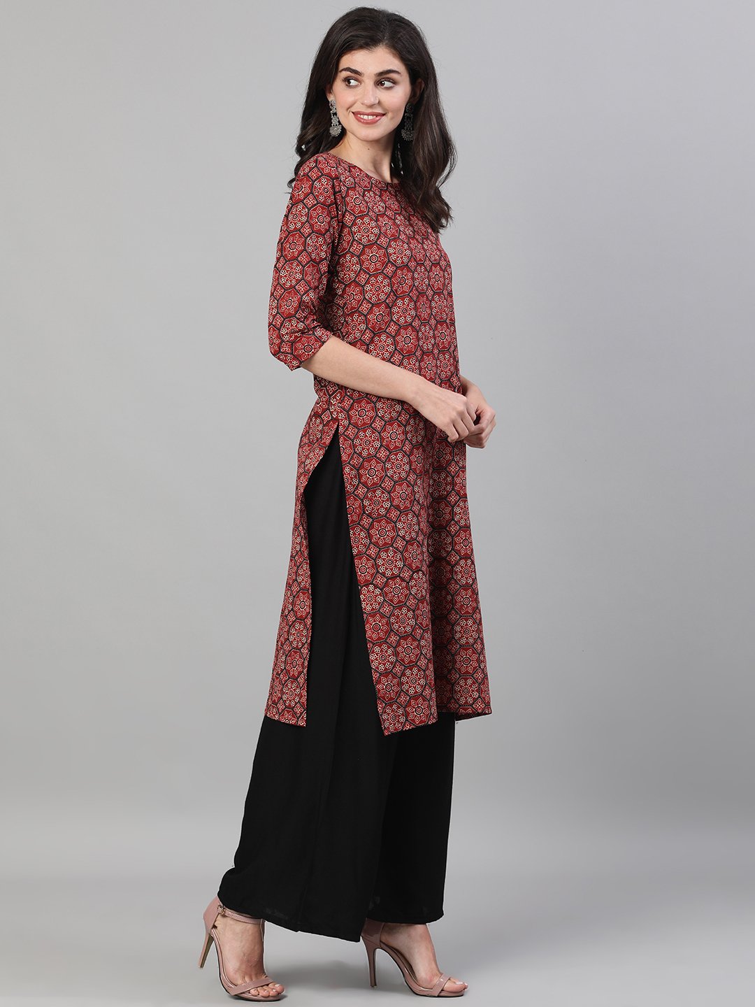 Women Maroon Calf Length Three-Quarter Sleeves Straight Ethnic Motif Printed Cotton Kurta With Pockets And Face Mask | LASVINI - Redefining Indian Fashion with Elegance
