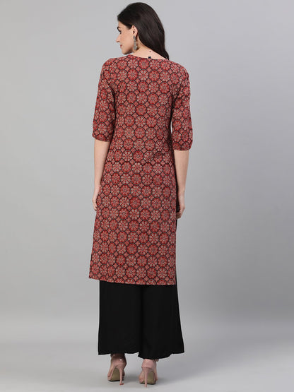 Women Maroon Calf Length Three-Quarter Sleeves Straight Ethnic Motif Printed Cotton Kurta With Pockets And Face Mask | LASVINI - Redefining Indian Fashion with Elegance
