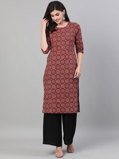 Women Maroon Calf Length Three-Quarter Sleeves Straight Ethnic Motif Printed Cotton Kurta With Pockets And Face Mask | LASVINI - Redefining Indian Fashion with Elegance