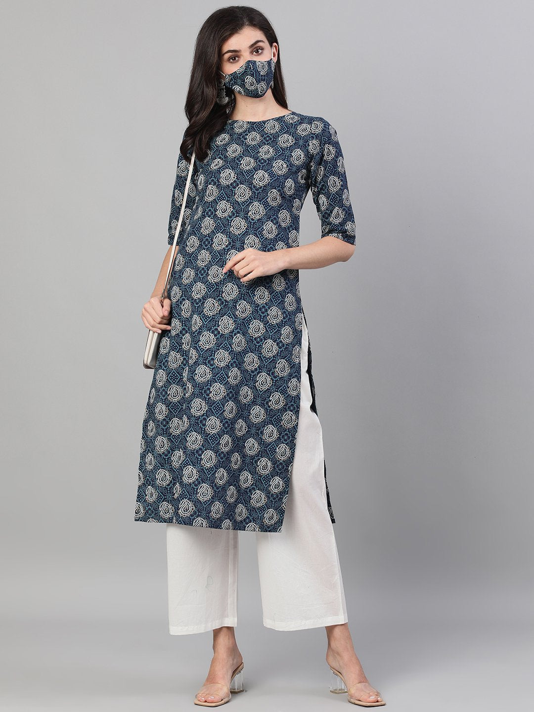 Women Blue Calf Length Three-Quarter Sleeves Straight Bandhani Printed Cotton Kurta With Pockets And Face Mask | LASVINI - Redefining Indian Fashion with Elegance