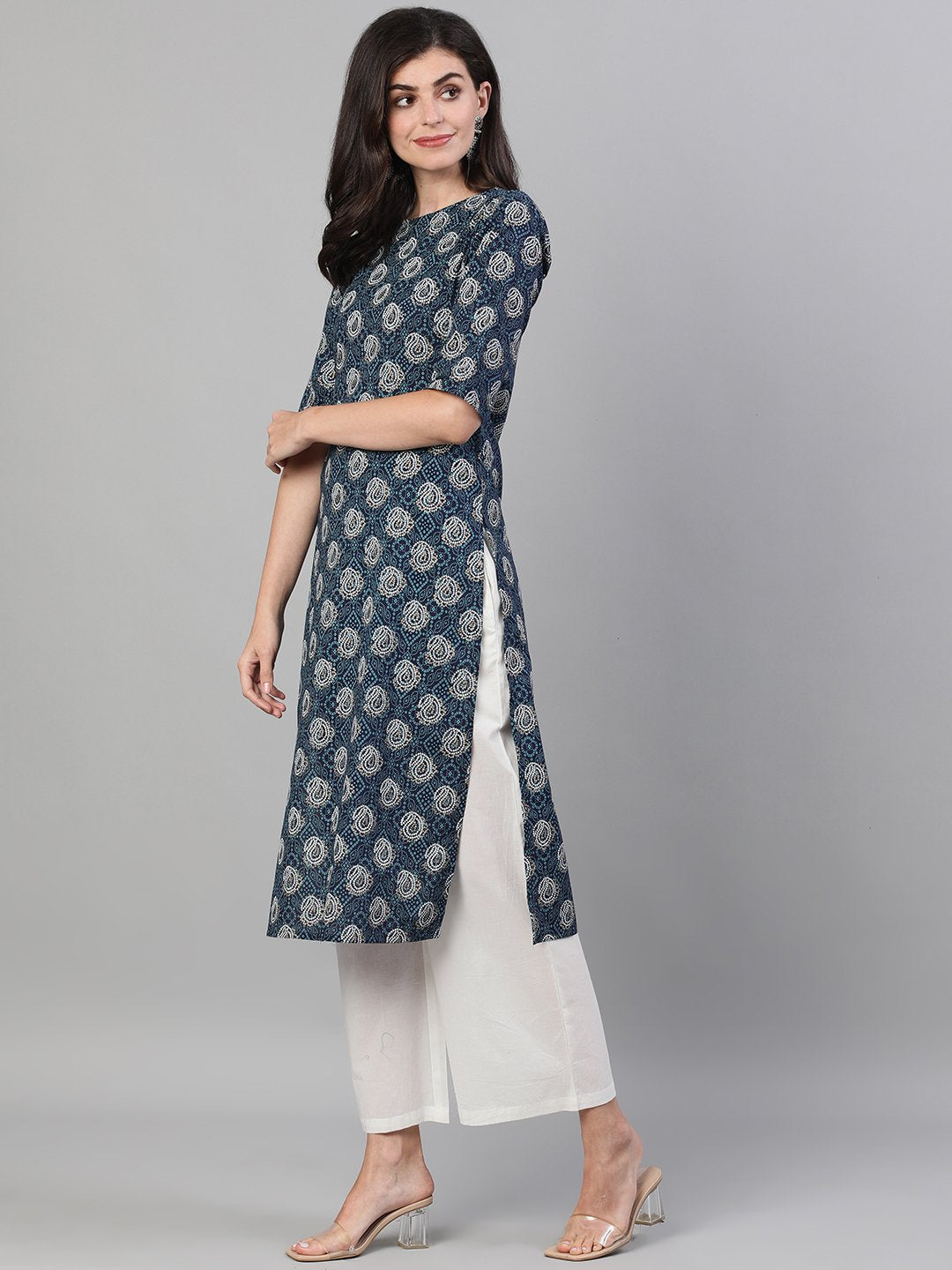 Women Blue Calf Length Three-Quarter Sleeves Straight Bandhani Printed Cotton Kurta With Pockets And Face Mask | LASVINI - Redefining Indian Fashion with Elegance
