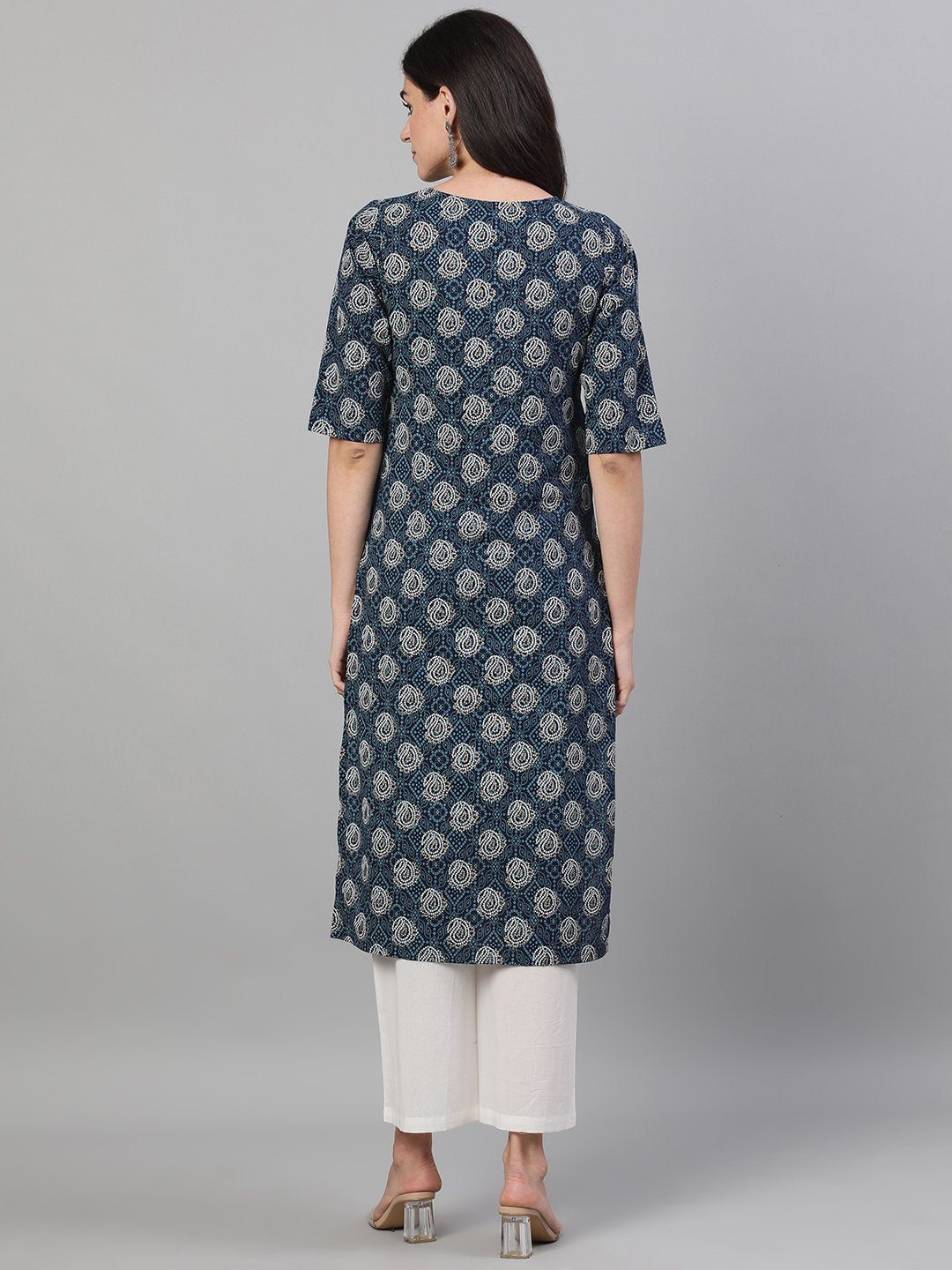 Women Blue Calf Length Three-Quarter Sleeves Straight Bandhani Printed Cotton Kurta With Pockets And Face Mask | LASVINI - Redefining Indian Fashion with Elegance