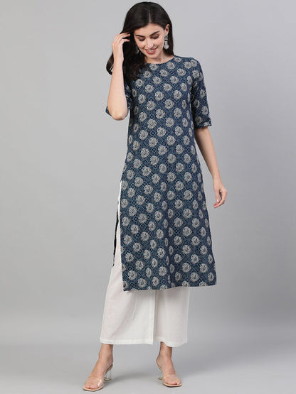 Women Blue Calf Length Three-Quarter Sleeves Straight Bandhani Printed Cotton Kurta With Pockets And Face Mask | LASVINI - Redefining Indian Fashion with Elegance