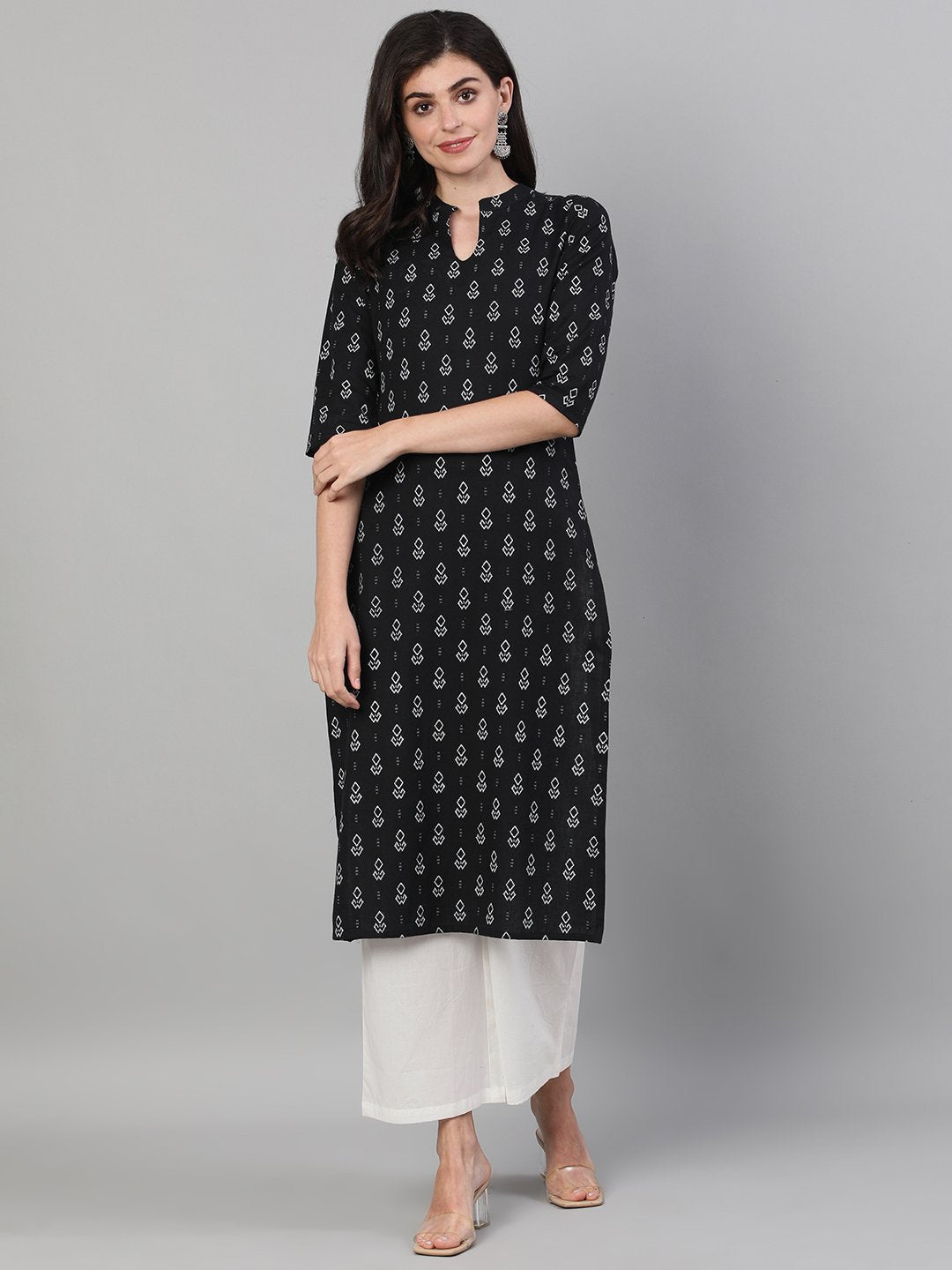Women Black Calf Length Three-Quarter Sleeves Straight Geometric Printed Cotton Kurta With Pockets And Face Mask | LASVINI - Redefining Indian Fashion with Elegance